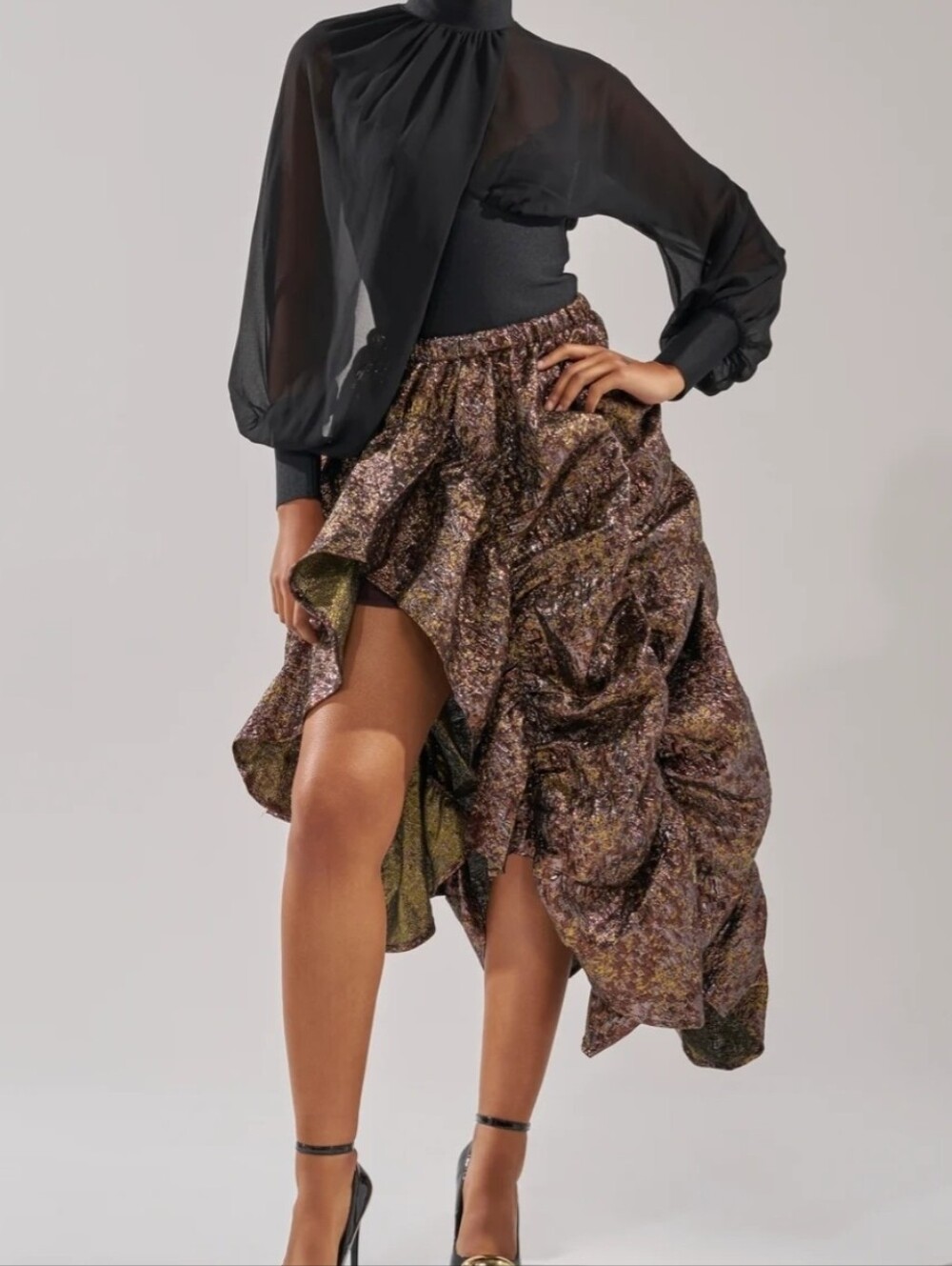 Elegant Metallic Brocade Bronze Ruffle Midi Skirt - Women Sz 1x